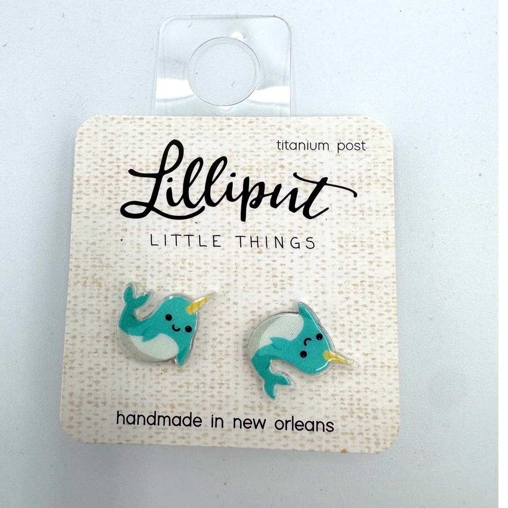 Lilliput Little Things Narwhal Stud Earrings Teal Titanium Post Handmade NOLA